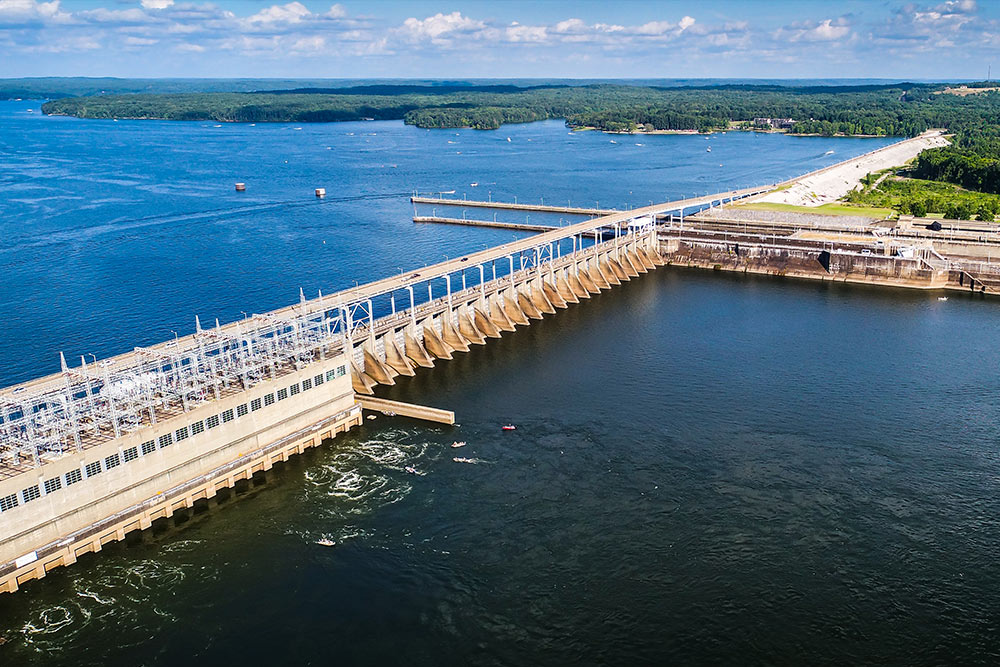 Pickwick-Tennessee An aerial drone view of Pickwick Lake with bridge.
