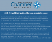 A 2022 infographic for the 26th Annual Distinguished Service Awards Banquet informing attendees that the Hardin County Chamber of Commerce board of directors has elected to postpone the awarding ceremony.