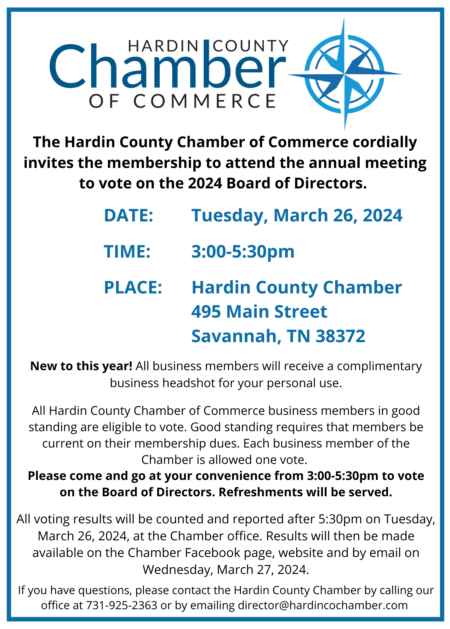 An invitation for annual meeting to vote on the 2024 Board of Directors. Title on the top and at the center reads: Hardin County Chamber of Commerce with logo on the right side. The body of the invitation reads: The Hardin County Chamber of Commerce cordially invites the membership to attend the annual meeting to vote on the 2024 Board of Directors. Date: Tuesday, March 26, 2024. Time: 3:00-5:30 pm Place: Hardin County Chamber, 495 Main Street, Savannah, TN 38372